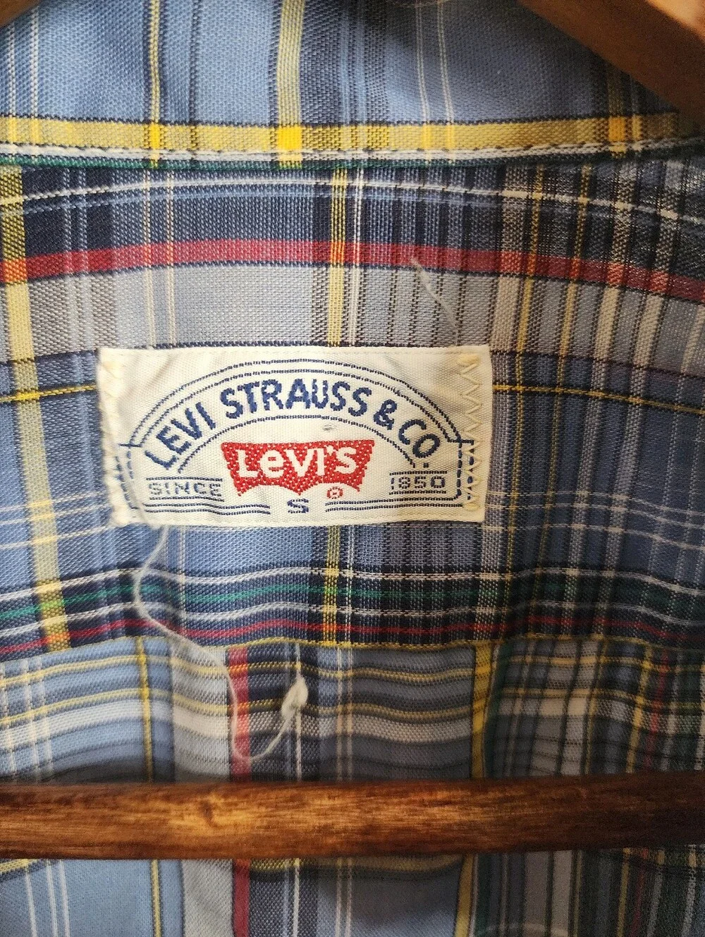 Vintage 70s Levi’s White Tab Big E Plaid Western Shirt Small Blue Red Pearl Snap